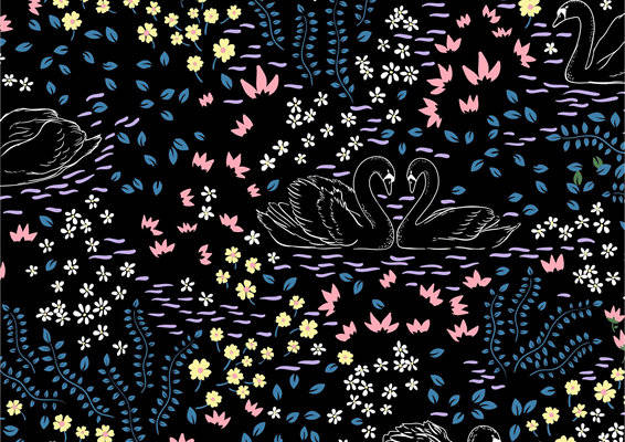 优雅天鹅与花卉图案面料印花，打造浪漫服装印花设计