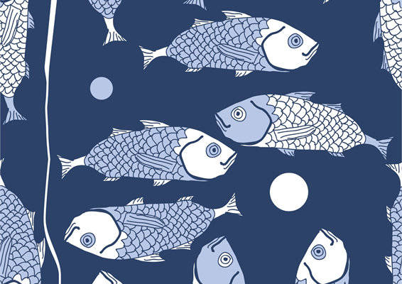 深蓝海洋风格鱼群图案服装印花面料设计