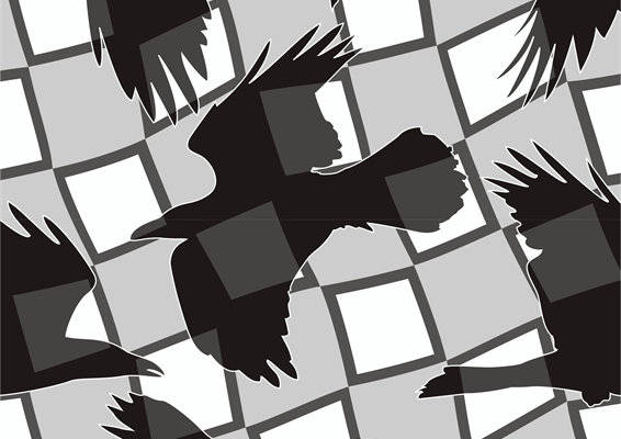 时尚经典：格子背景上的飞翔鸟群服装印花