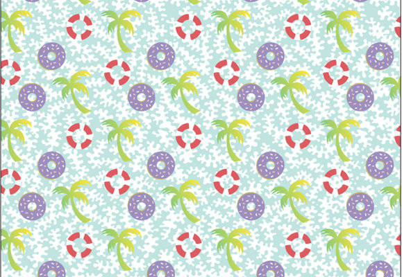 夏日风情：多彩救生圈和棕榈树服装印花面料