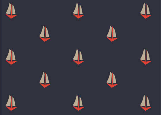 深蓝色背景上的红色和白色帆船服装印花面料