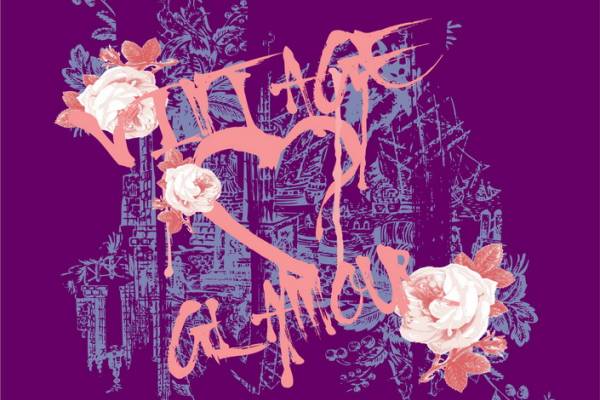 优雅紫色背景上的花卉裁片印花服装,展现独特风格