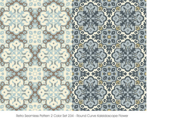 复古无缝图案服装印花:圆形曲线万花筒花卉面料印花