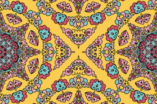 探索复古风格的面料印花：黄色底色上的花卉与几何图案服装印花