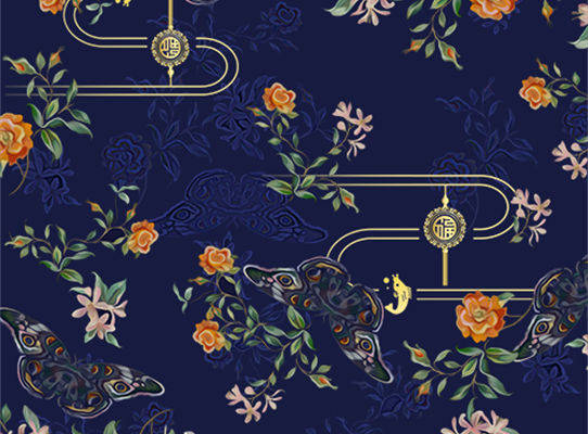 典雅深蓝底色上的花卉与鱼形图案服装印花面料