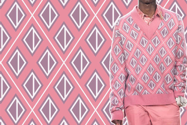 2023年春季男士粉色菱形图案服装印花面料推荐