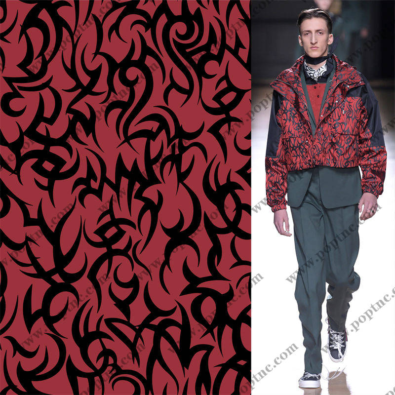 时尚潮流红色与黑色交织的服装印花面料设计