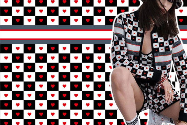 时尚黑白爱心格子服装印花面料,打造个性潮流风格