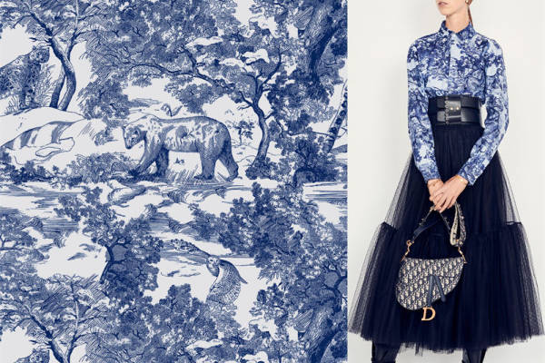 优雅蓝白动物图案面料印花服装,展现自然之美