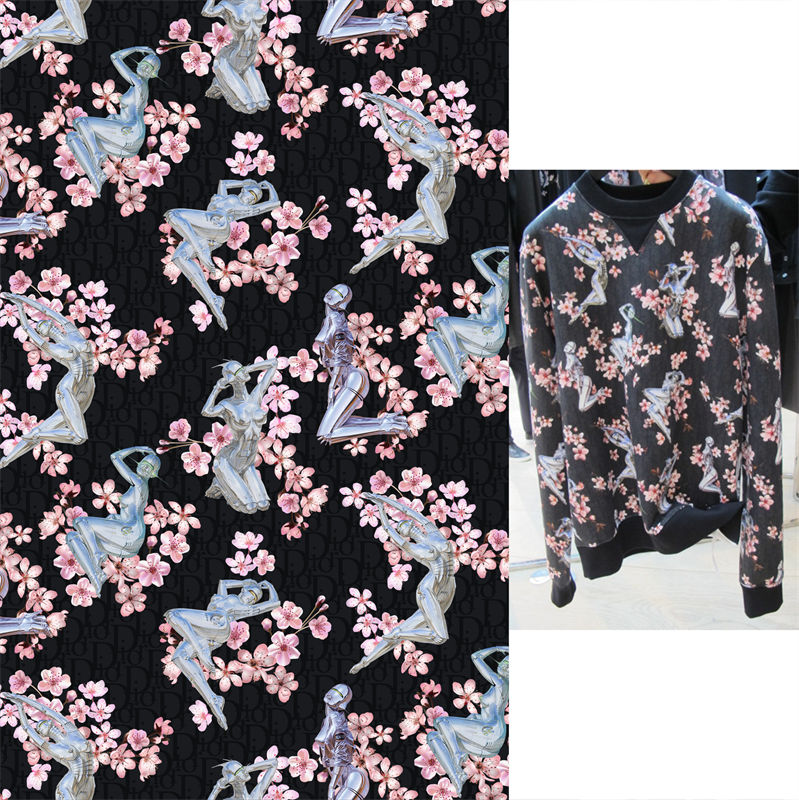 优雅天鹅与樱花融合的面料印花服装，展现独特艺术风格