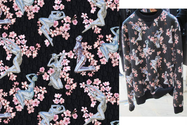 优雅天鹅与樱花融合的面料印花服装，展现独特艺术风格