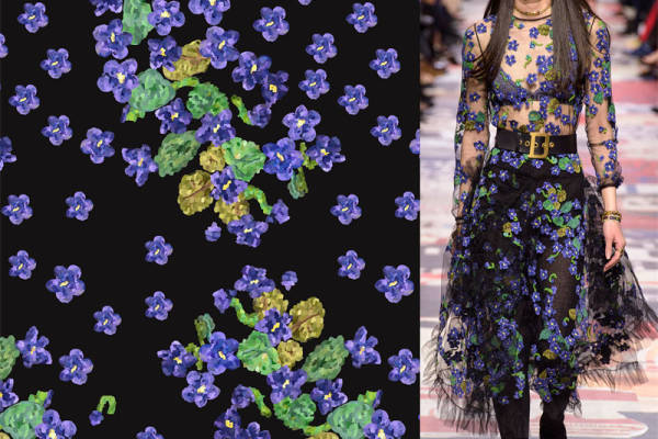 时尚前沿:紫色与绿色花卉图案服装印花面料