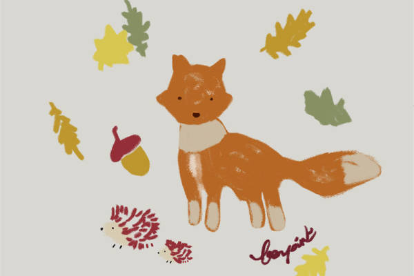 秋季自然风格裁片印花服装:可爱狐狸与落叶图案