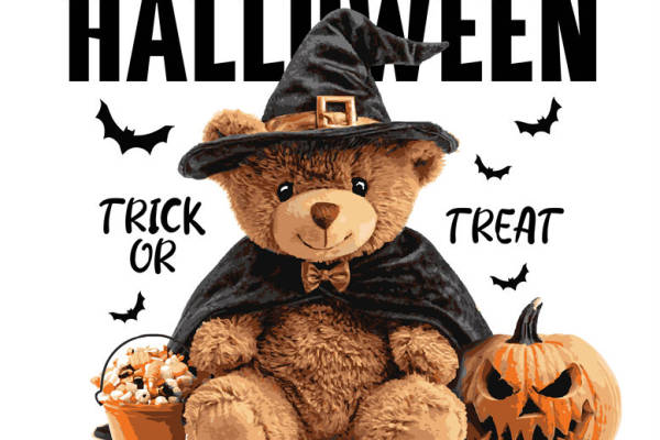 万圣节主题裁片印花服装:可爱泰迪熊与南瓜的完美搭配