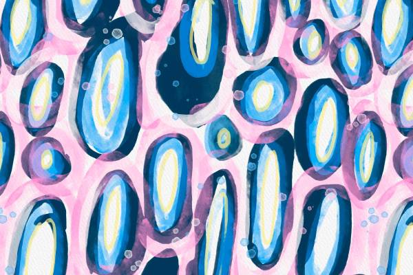 梦幻水彩风格服装印花:粉色背景上的蓝色宝石图案