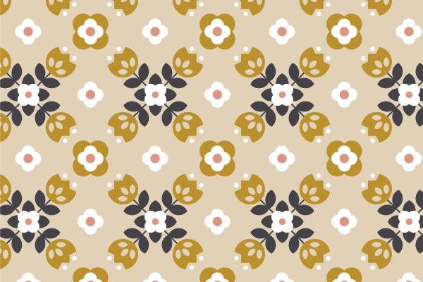 优雅复古风格服装印花:米色底上的金色与深蓝花朵图案