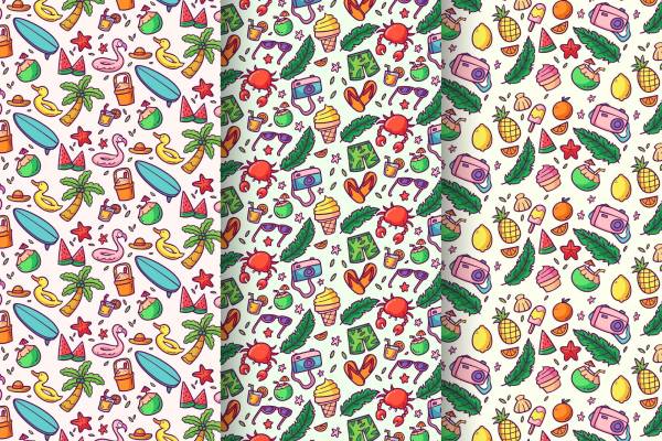 夏日风情多彩水果与海滩元素服装印花面料