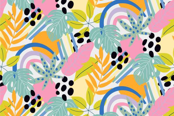 夏季活力多彩植物图案服装印花面料设计