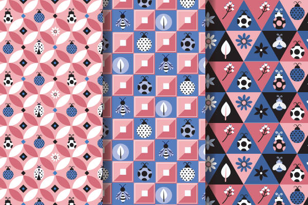 春日蜜蜂与花朵图案面料印花，时尚服装印花设计