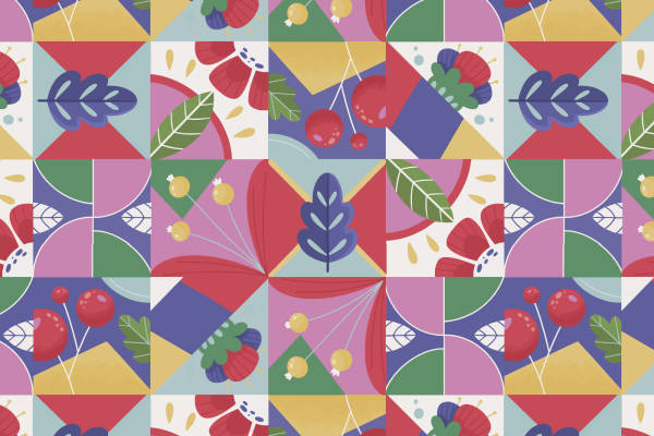 多彩几何图案水果服装印花面料设计