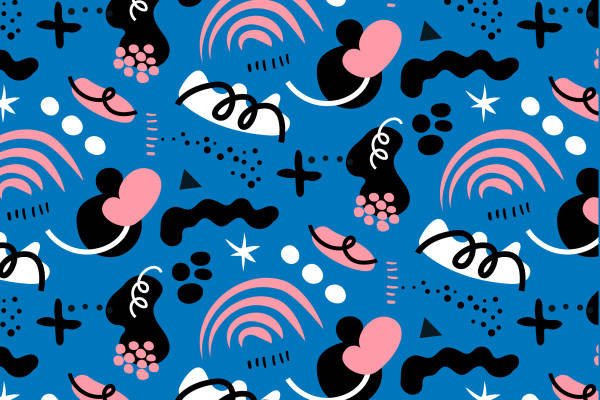 梦幻蓝底卡通图案服装印花面料，打造时尚潮流