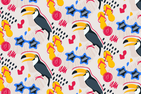 活力四射的抽象鸟类服装印花面料设计