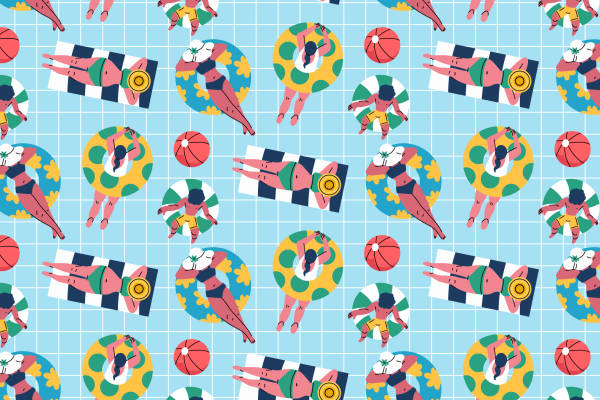 夏日海滩风情服装印花：活力四射的水上运动图案