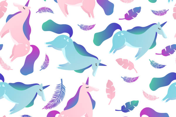 梦幻渐变色独角兽与鲸鱼服装印花面料设计
