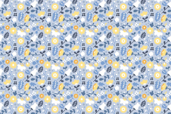 梦幻蓝黄花型面料印花，打造清新自然的服装印花