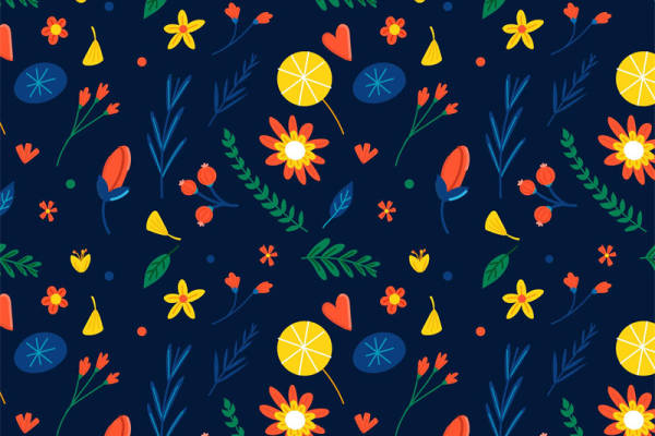 深蓝底色上的缤纷花型服装印花设计