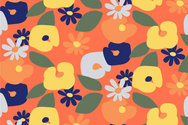 橙色背景上的复古花卉面料印花设计,打造独特个性服装