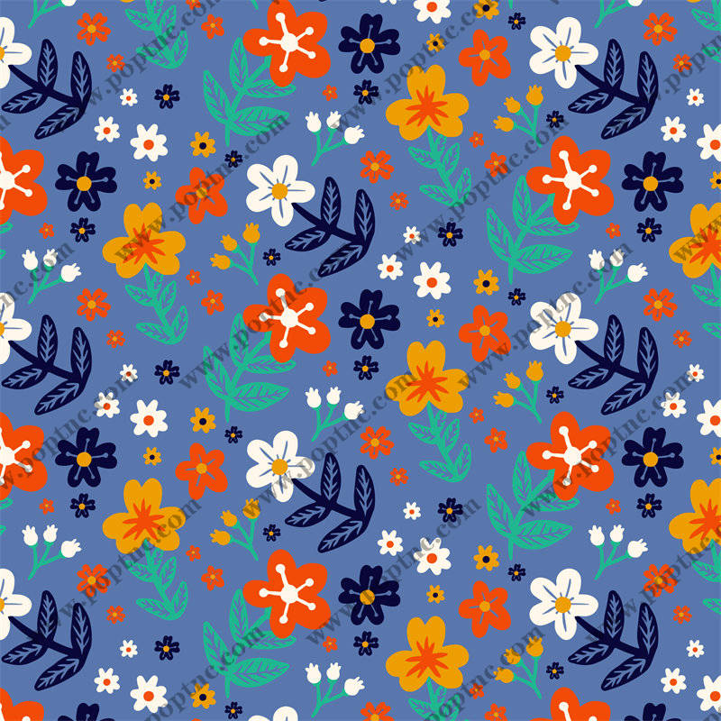 蓝色背景上的复古花卉图案服装印花设计