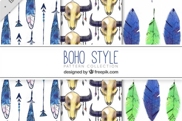 民族风水彩牛头骨羽毛印花面料印花服装印花