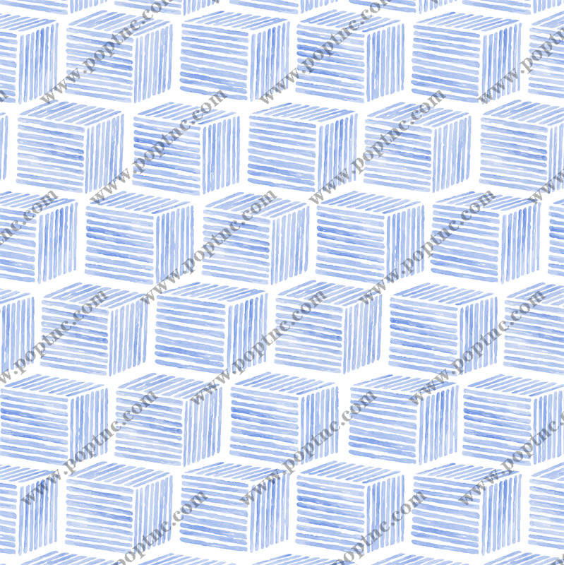 清新水彩风格蓝色条纹立方体服装印花面料