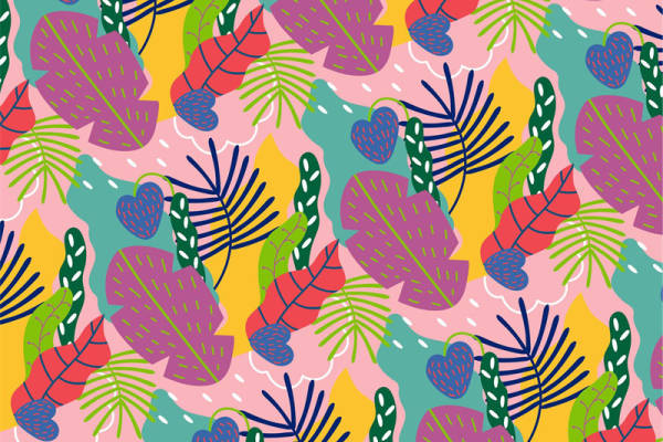 热带风情多色植物面料印花，夏日服装印花设计