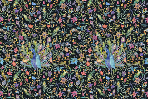 神秘花园孔雀花卉面料印花，春夏季服装印花设计灵感