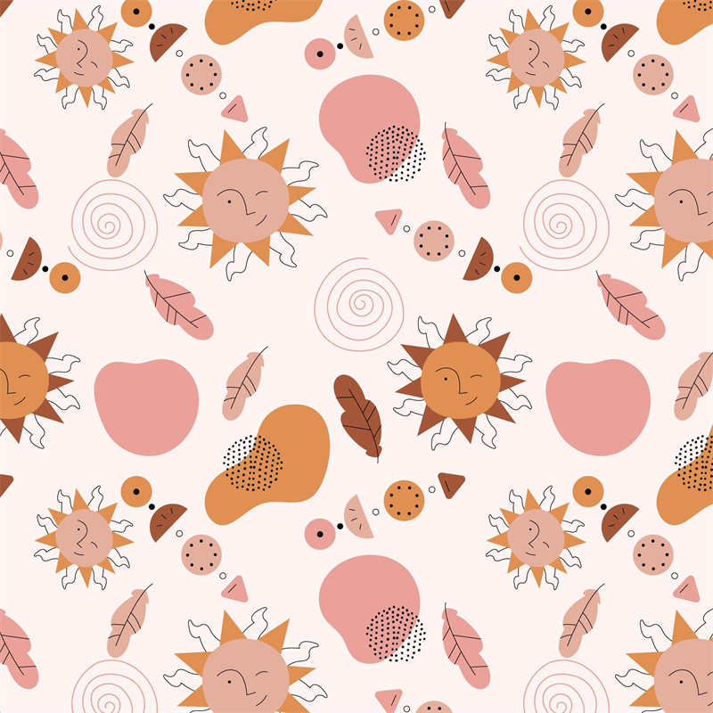 秋季温暖图案面料印花:太阳、叶子和果实的服装印花设计