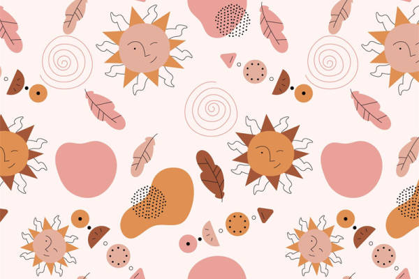 秋季温暖图案面料印花：太阳、叶子和果实的服装印花设计