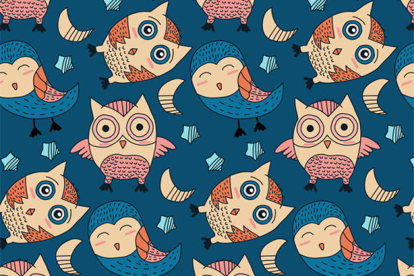 可爱卡通猫头鹰图案服装印花面料设计