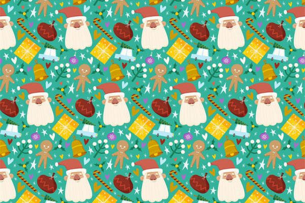 圣诞老人与姜饼人图案面料印花,节日服装印花设计