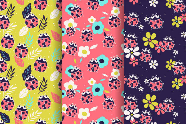 春日花园系列：可爱瓢虫与花朵服装印花面料