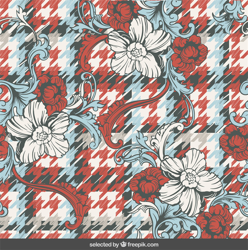 经典红白蓝花卉图案服装印花面料设计