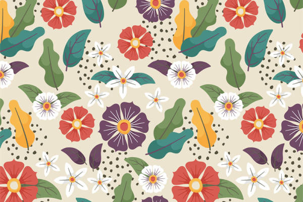 春日花卉图案服装印花：多彩花朵与叶子的面料印花设计