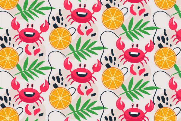 夏日清新风格面料印花：活力橙片与趣味螃蟹服装印花