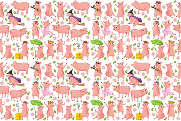 可爱卡通猪图案面料印花，趣味服装印花设计