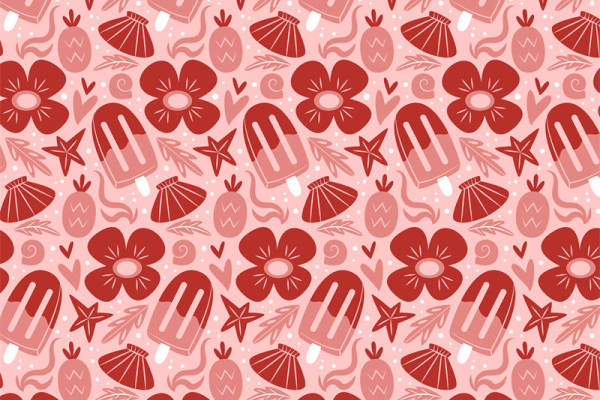 夏日清新风格面料印花：红粉花卉与水果图案服装印花设计