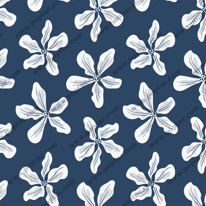 深蓝色背景上的白色花朵面料印花,优雅服装印花设计