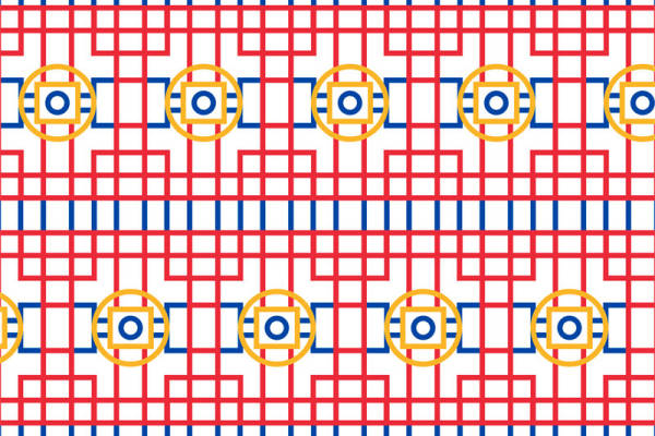 经典红蓝黄几何图案服装印花面料设计