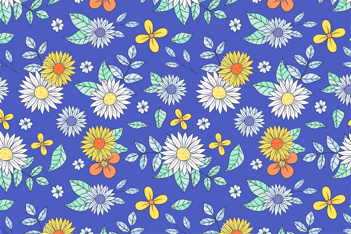 春日田园风情：蓝色背景上的花卉服装印花面料