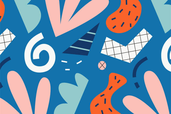 夏日清新风格服装印花设计:蓝色背景上的粉色和橙色元素